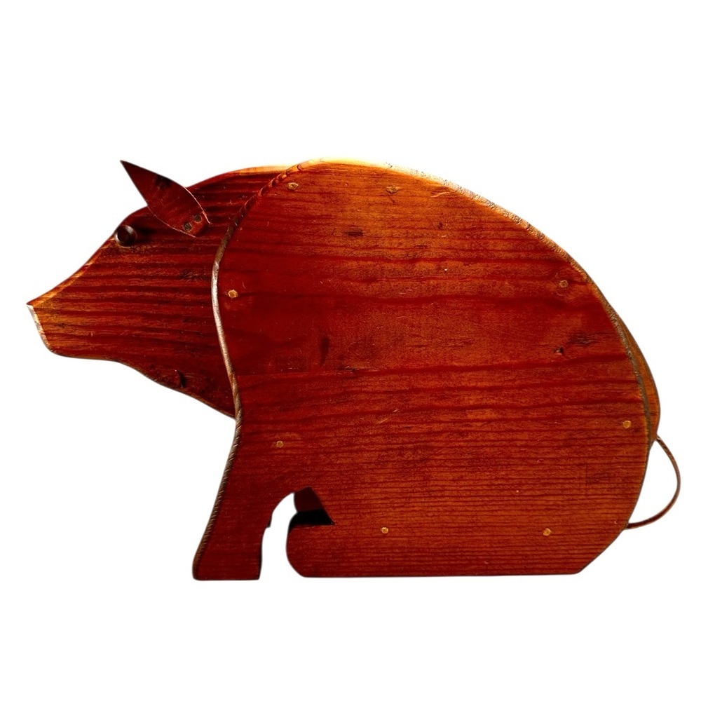 Vintage PIG PIGGY BANK Wood HandMade Coin Bank Folk Art Leather Ears & Tail - Picture 2 of 8